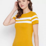 Striped Women Round Neck Yellow T-Shirt