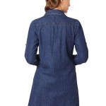 Women's Navy Blue Solid Collared Full Sleeves Denim Knee-Length Jacket